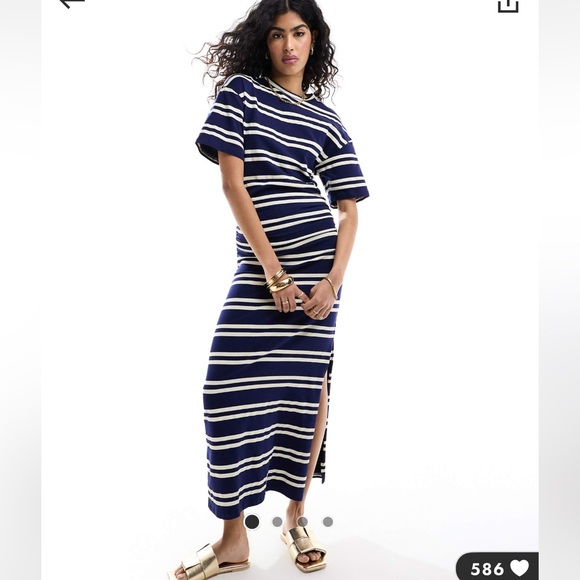 ASOS crew neck midaxi t shirt dress in navy stripe - Picture 3 of 4